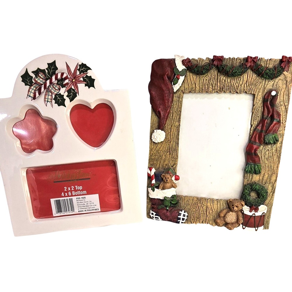 80S/90S VTG Set Of 2‎ Christmas Picture Frames Santa Teddy Photo 4x6,10x16